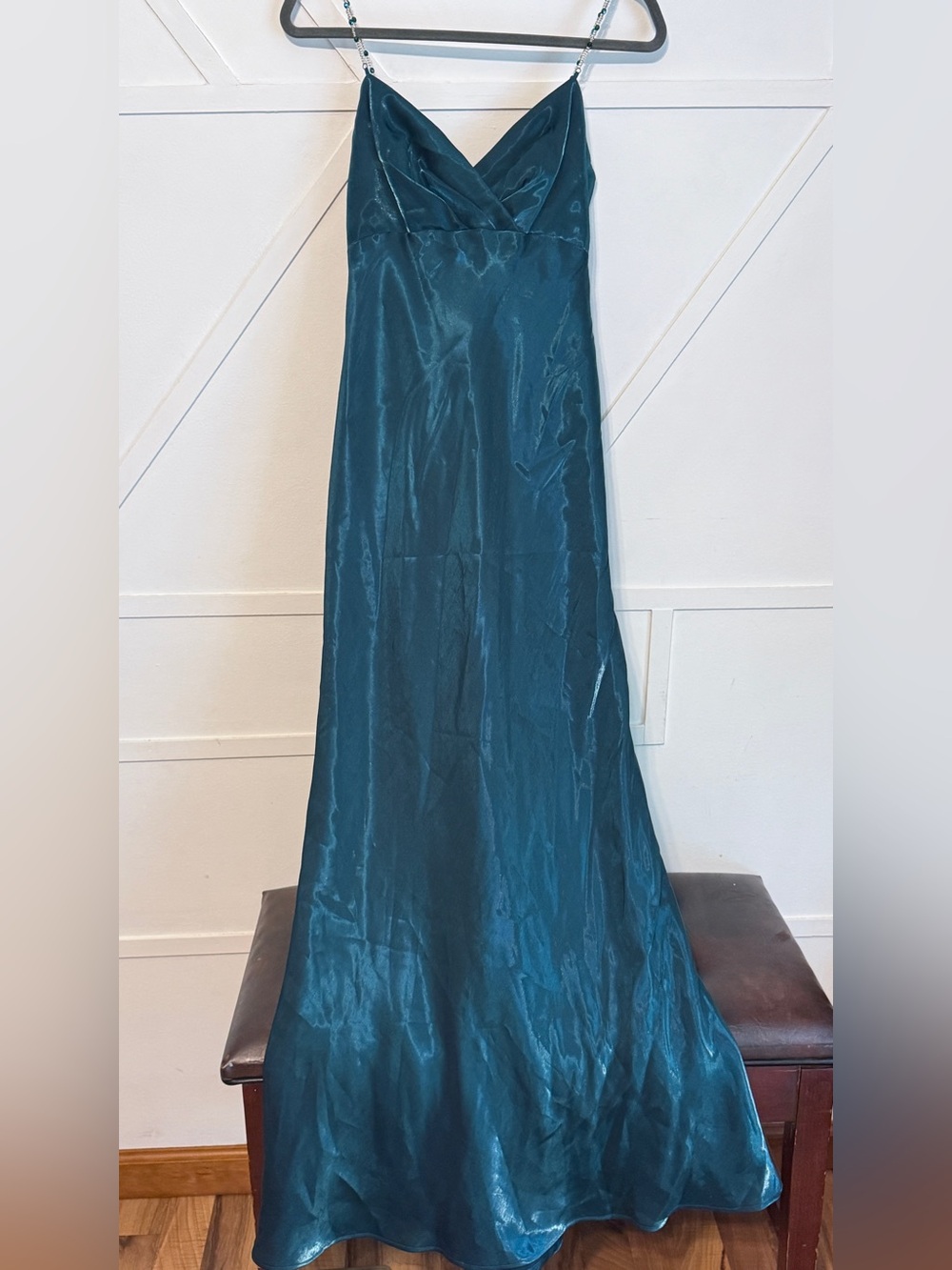 Jump Teal Satin Maxi Skirt with V-Neckline